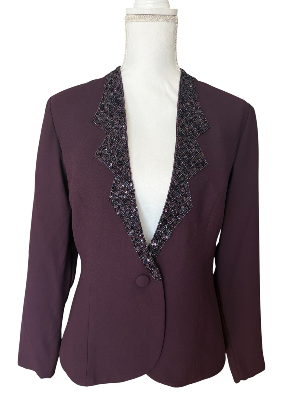 Vintage Karen Miller Beaded Collar Blazer - Deep Plum/Burgundy Size8 USA made